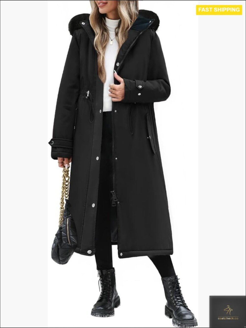 Long Winter Puffer Coat Maxi Length Detachable Hood Faux Fur Trim Warm